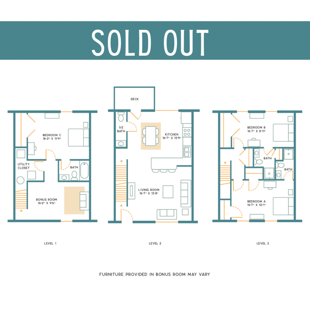 A 3D image of the 3BR/3.5BR – Upgraded Furnished – A floorplan, a 1700 squarefoot, 3 bed / 3.5 bath unit