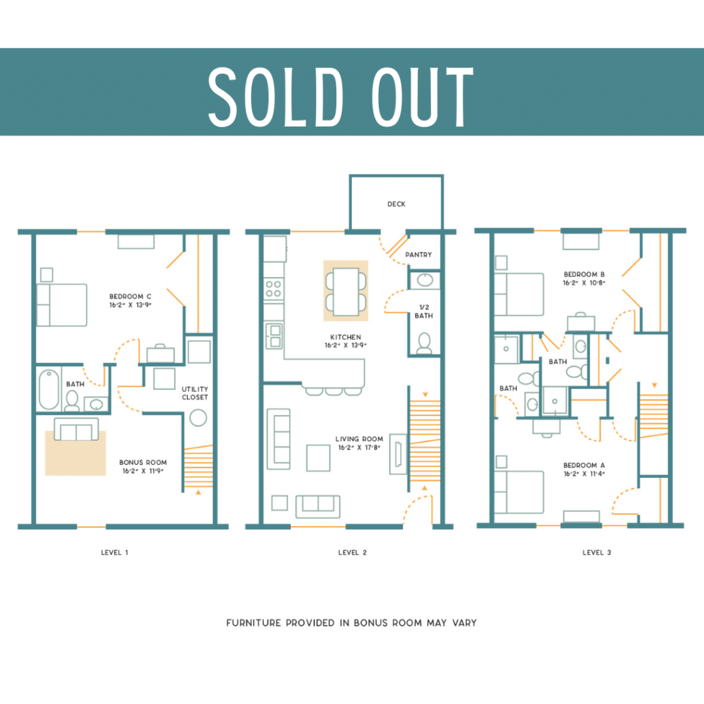 A 3D image of the 3BR/3.5BA – Upgraded Furnished – C floorplan, a 1700 squarefoot, 3 bed / 3.5 bath unit