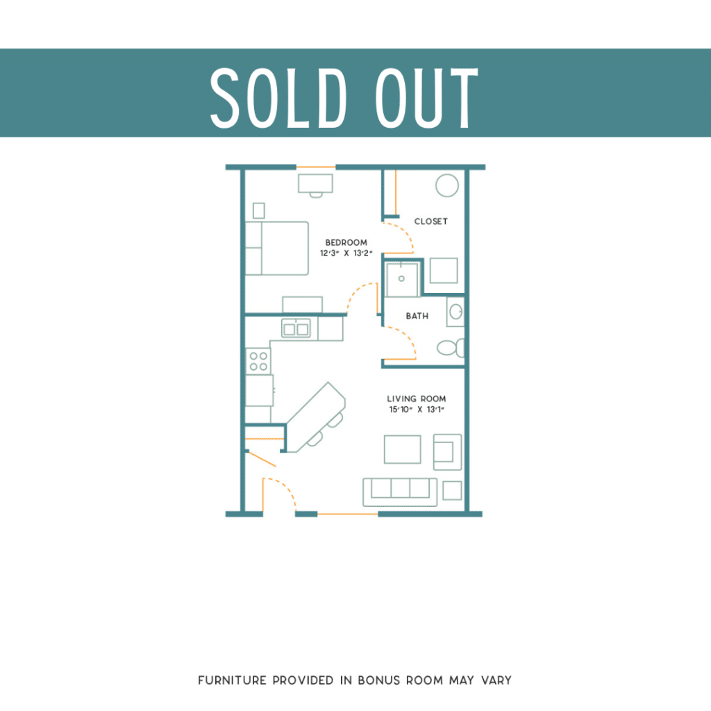 A 3D image of the Studio floorplan, a 650 squarefoot, 0 bed / 1 bath unit