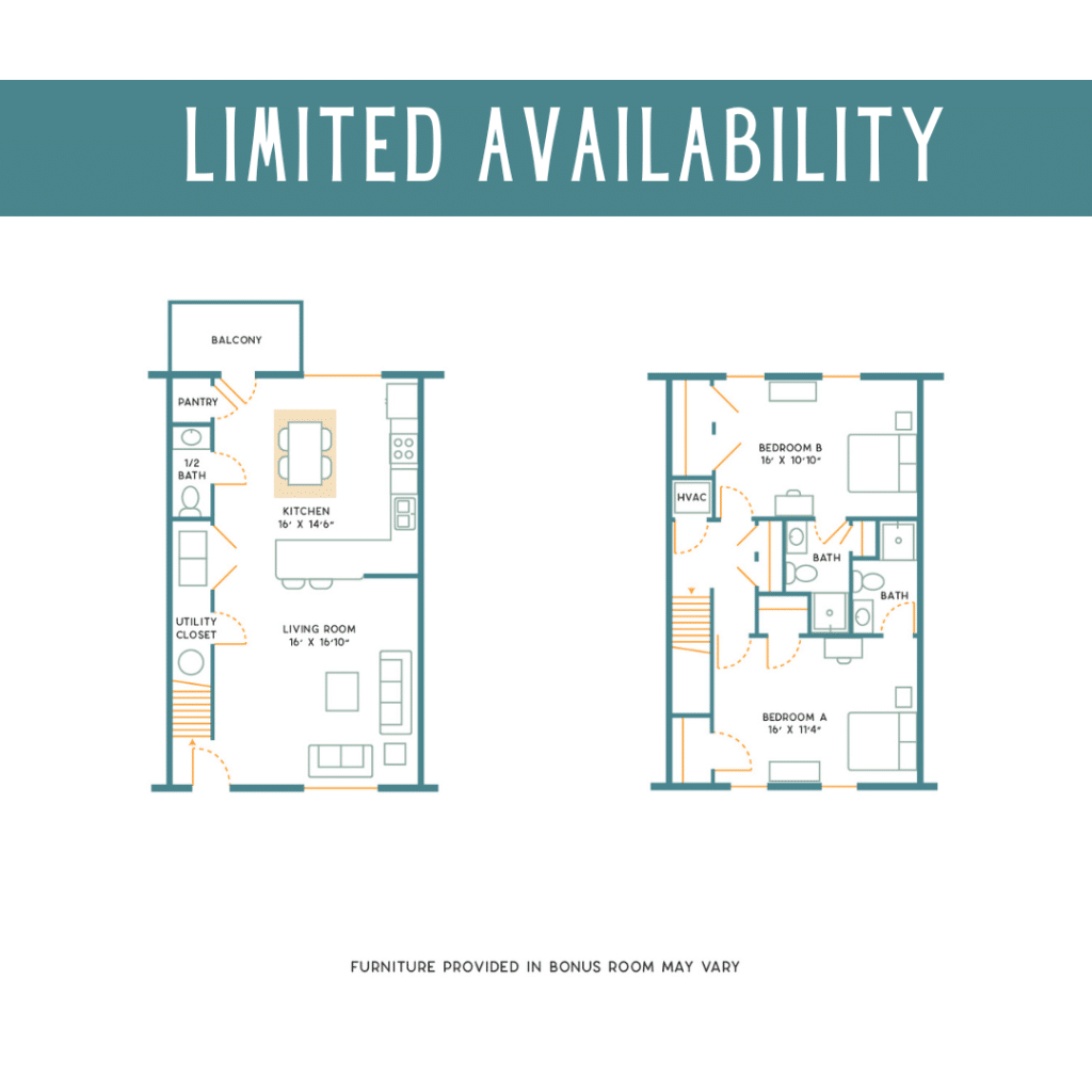 A 3D image of the 2BR/2.5BA – Furnished floorplan, a 1300 squarefoot, 2 bed / 2.5 bath unit