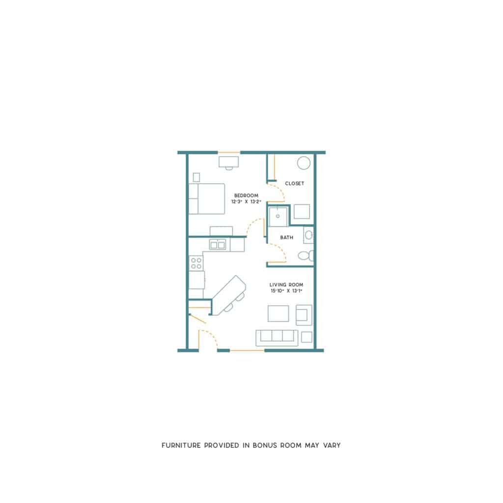 A 3D image of the 1BR/1BA – Furnished floorplan, a 650 squarefoot, 1 bed / 1 bath unit