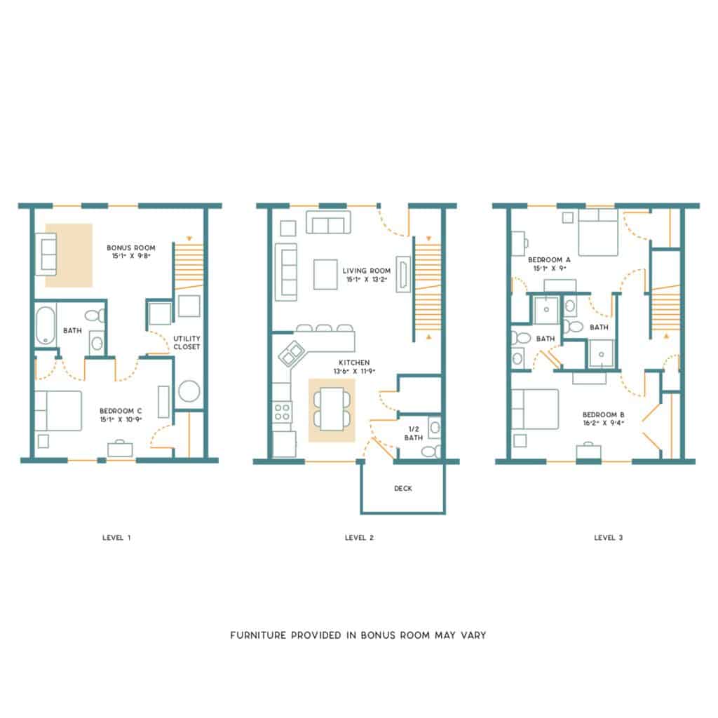 A 3D image of the 3BR/3.5BA – Upgraded Unfurnished – B floorplan, a 1700 squarefoot, 3 bed / 3.5 bath unit