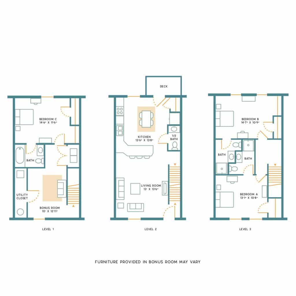 A 3D image of the 3BR/3.5BR – Unfurnished – C floorplan, a 1700 squarefoot, 3 bed / 3.5 bath unit