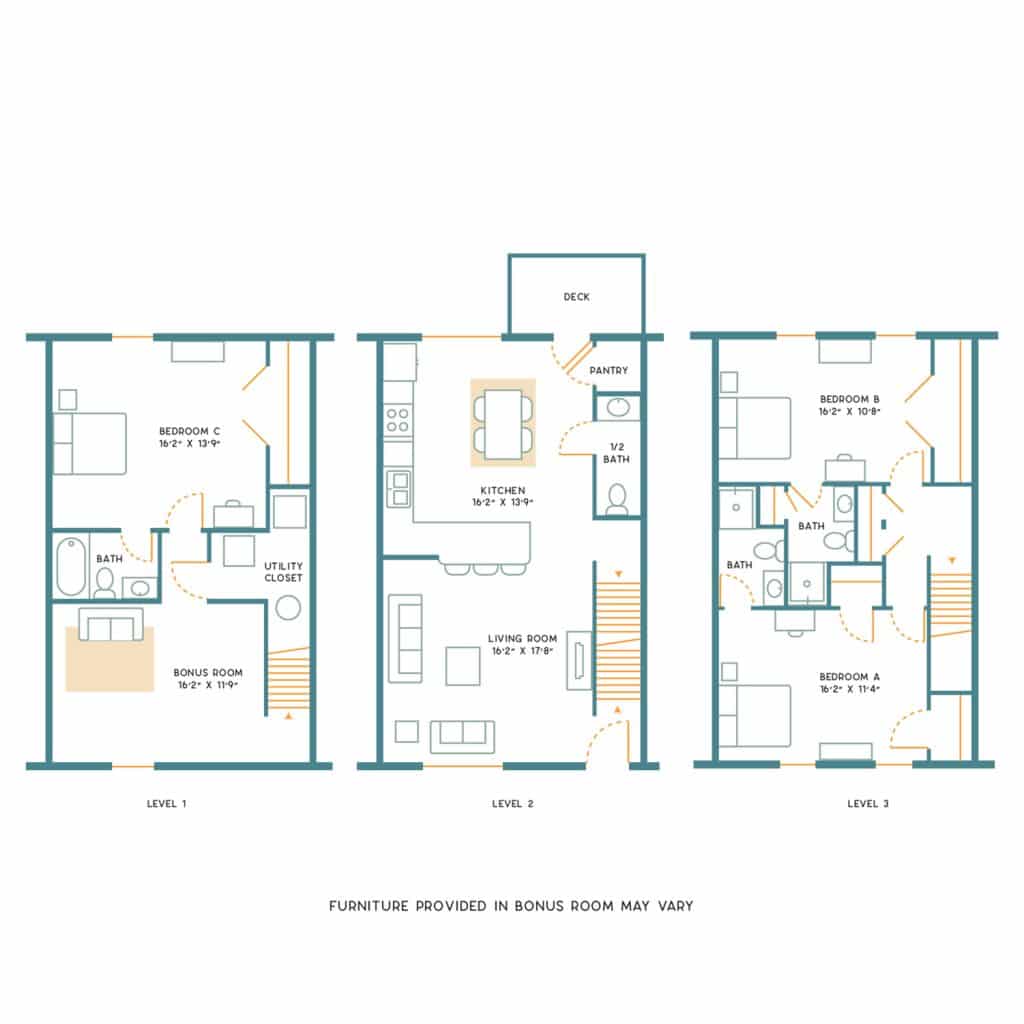 A 3D image of the 3BR/3.5BR – Furnished – C floorplan, a 1700 squarefoot, 3 bed / 3.5 bath unit