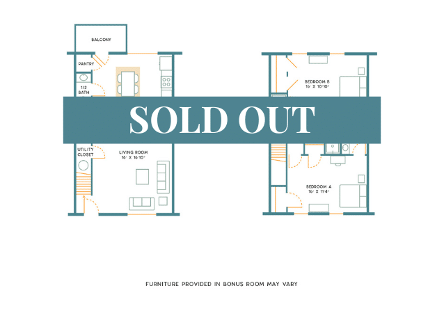 A 3D image of the 2BR/2.5BA – Furnished floorplan, a 1100 squarefoot, 2 bed / 2.5 bath unit