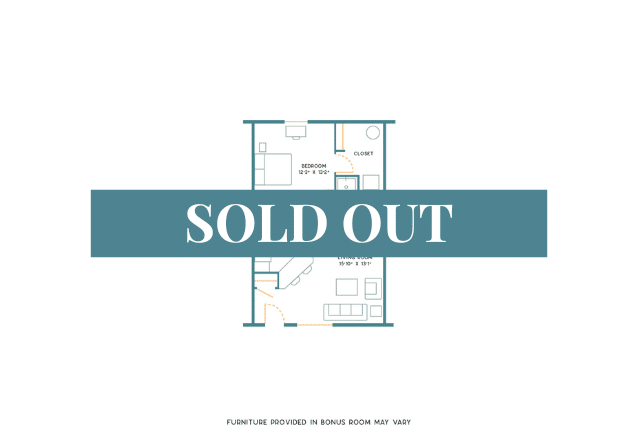 A 3D image of the 1BR/1BA – Furnished – Upgraded floorplan, a 650 squarefoot, 1 bed / 1 bath unit