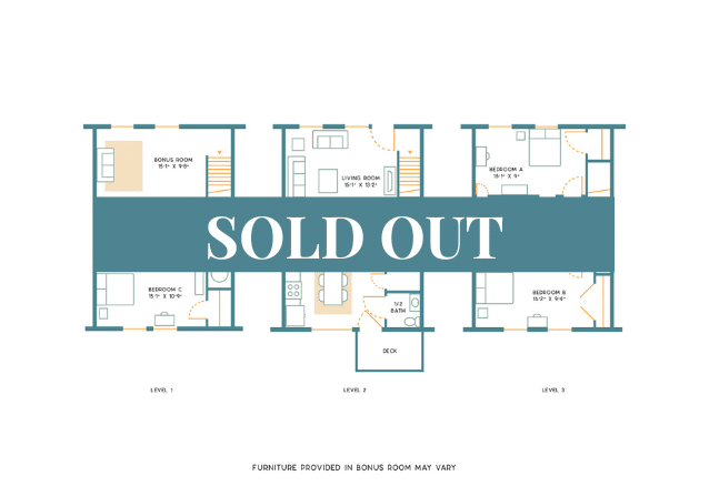 A 3D image of the 3BR/3.5BA – Upgraded Furnished – B floorplan, a 1700 squarefoot, 3 bed / 3.5 bath unit