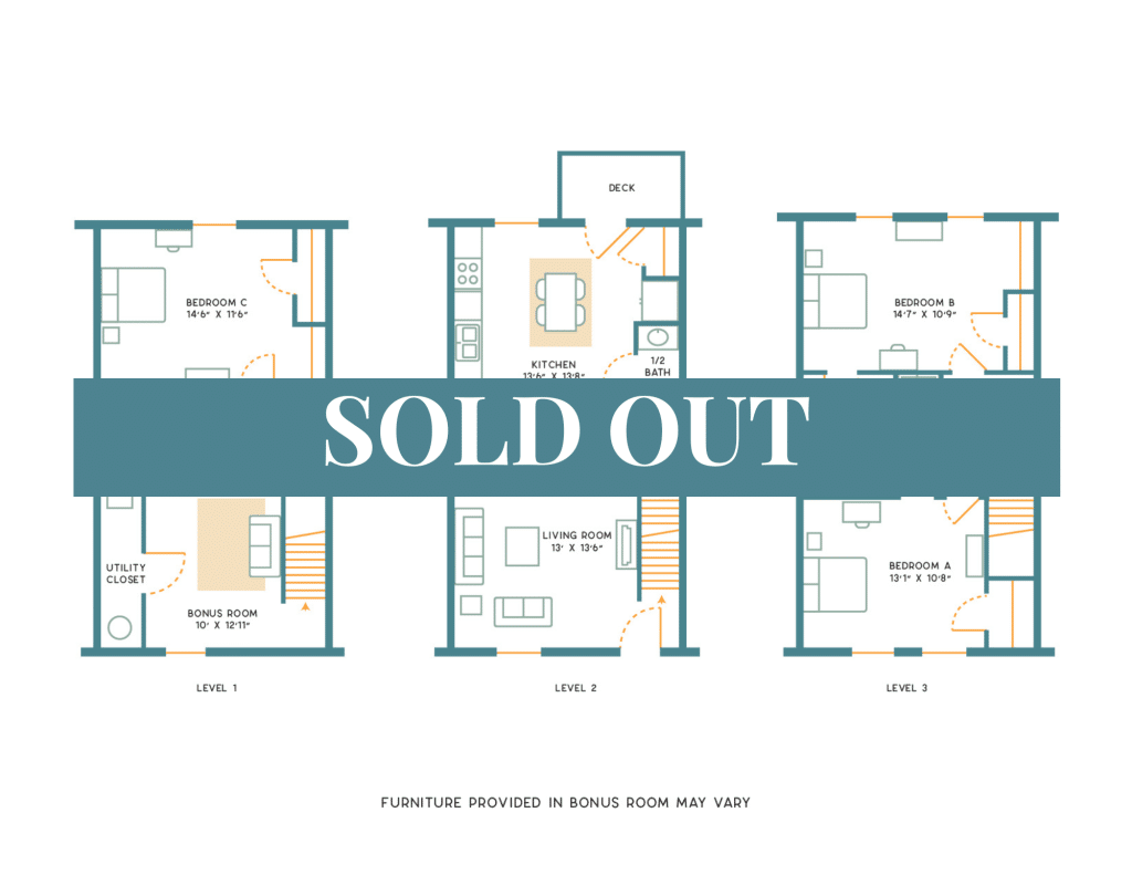 A 3D image of the 3BR/3.5BR – Unfurnished – C floorplan, a 1700 squarefoot, 3 bed / 3.5 bath unit