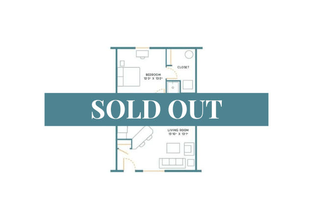 A 3D image of the 1BR/1BA – Furnished floorplan, a 650 squarefoot, 1 bed / 1 bath unit