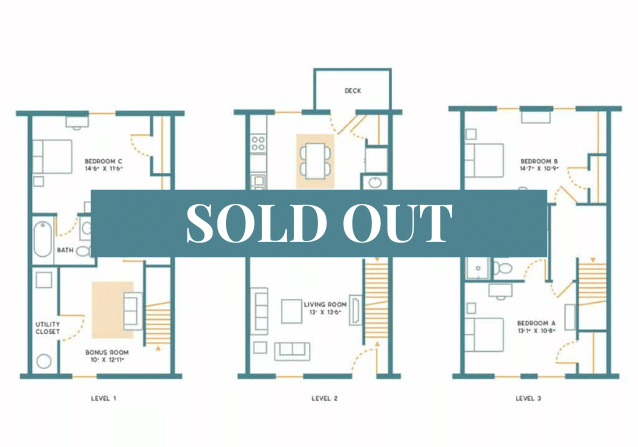 A 3D image of the 3BR/3.5BR – Unfurnished – C floorplan, a 1700 squarefoot, 3 bed / 3.5 bath unit