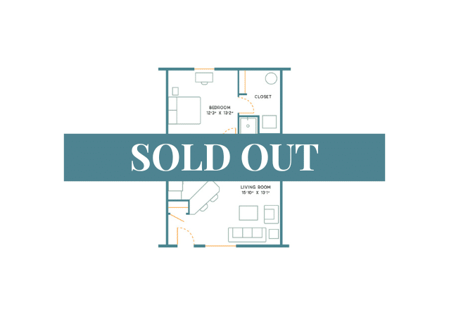 A 3D image of the Studio floorplan, a 650 squarefoot, 0 bed / 1 bath unit