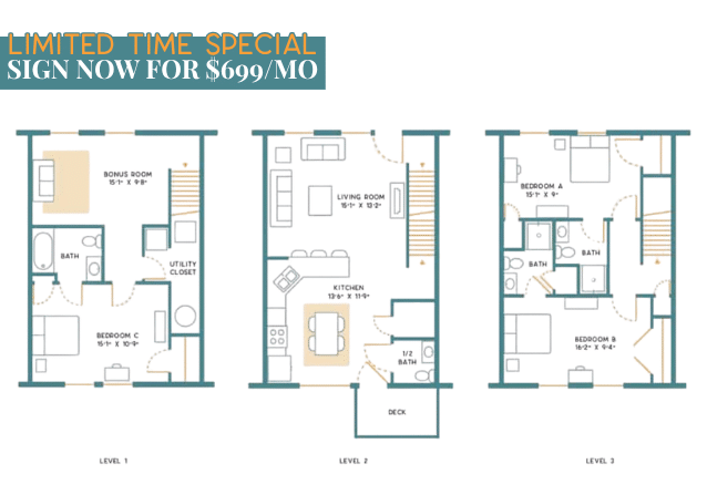 A 3D image of the 3BR/3.5BA – Furnished – B floorplan, a 1700 squarefoot, 3 bed / 3.5 bath unit