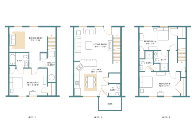 A 3D image of the 3BR/3.5BA – Furnished – B floorplan, a 1700 squarefoot, 3 bed / 3.5 bath unit
