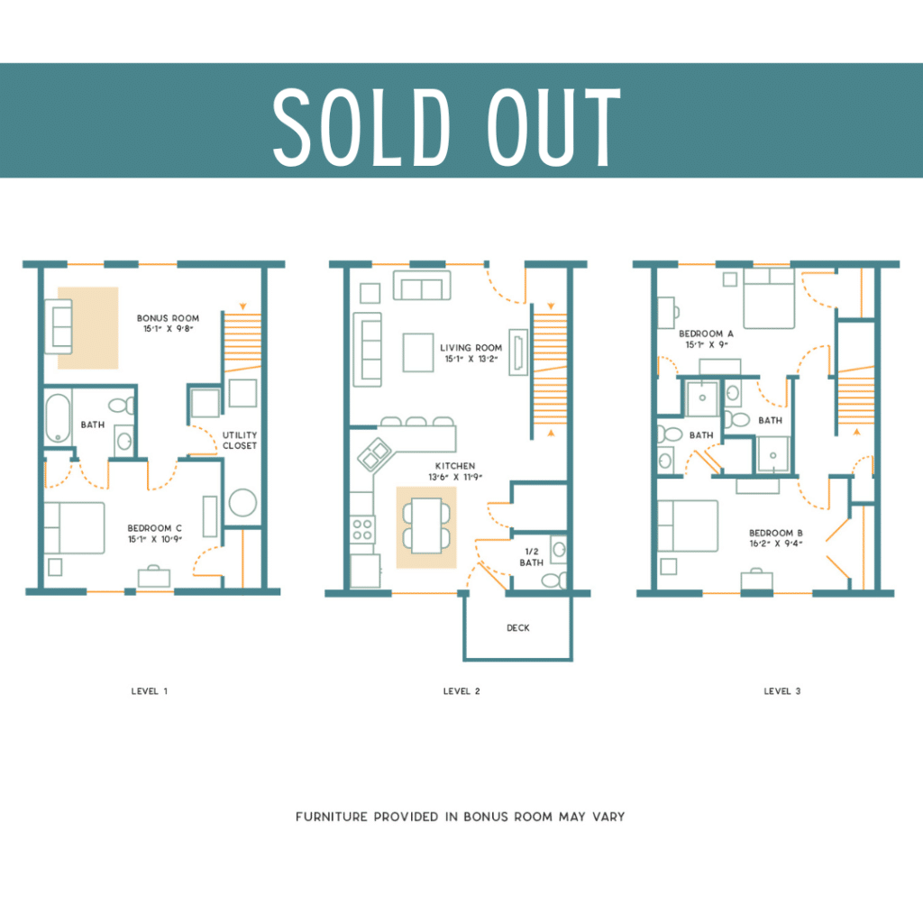 A 3D image of the 3BR/3.5BA – Furnished – B floorplan, a 1700 squarefoot, 3 bed / 3.5 bath unit