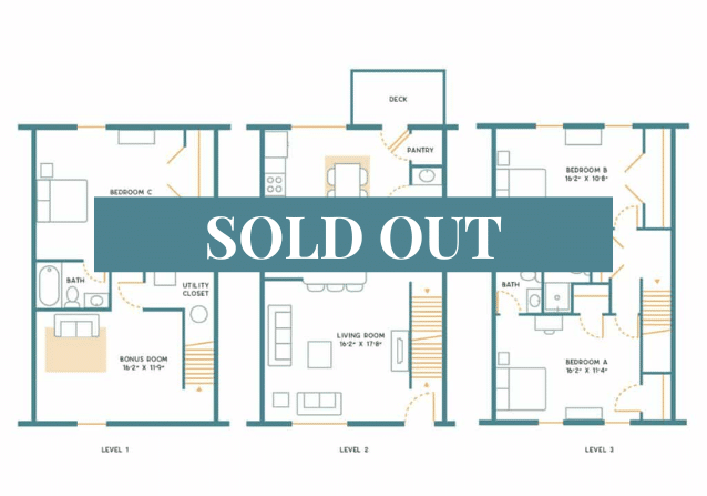 A 3D image of the 3BR/3.5BR – Furnished – C floorplan, a 1700 squarefoot, 3 bed / 3.5 bath unit