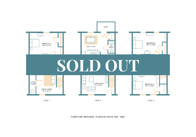 A 3D image of the 3BR/3.5BA – Standard – Furnished floorplan, a 1750 squarefoot, 3 bed / 3.5 bath unit
