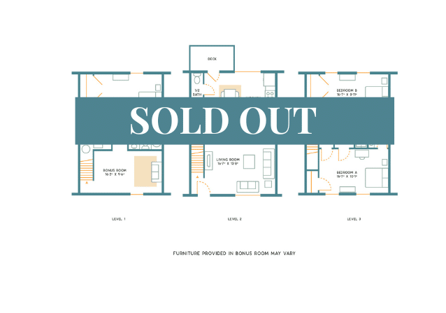 A 3D image of the 3BR/3.5BA – Large – Upgraded Unfurnished floorplan, a 2000 squarefoot, 3 bed / 3.5 bath unit