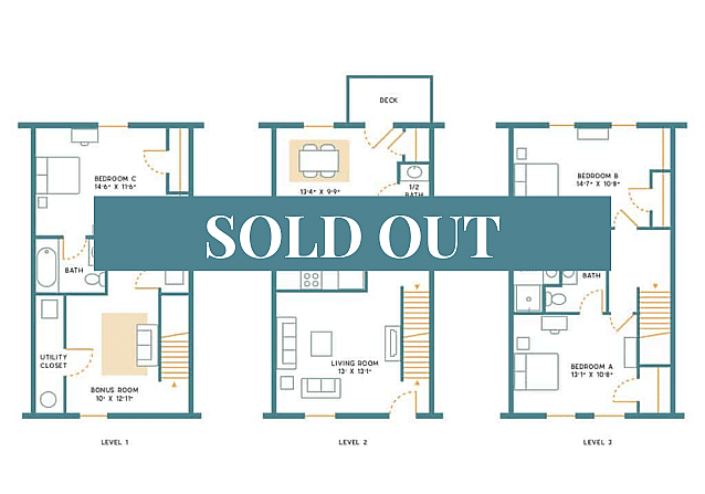 A 3D image of the 3BR/3.5BR – Furnished – A floorplan, a 1700 squarefoot, 3 bed / 3.5 bath unit