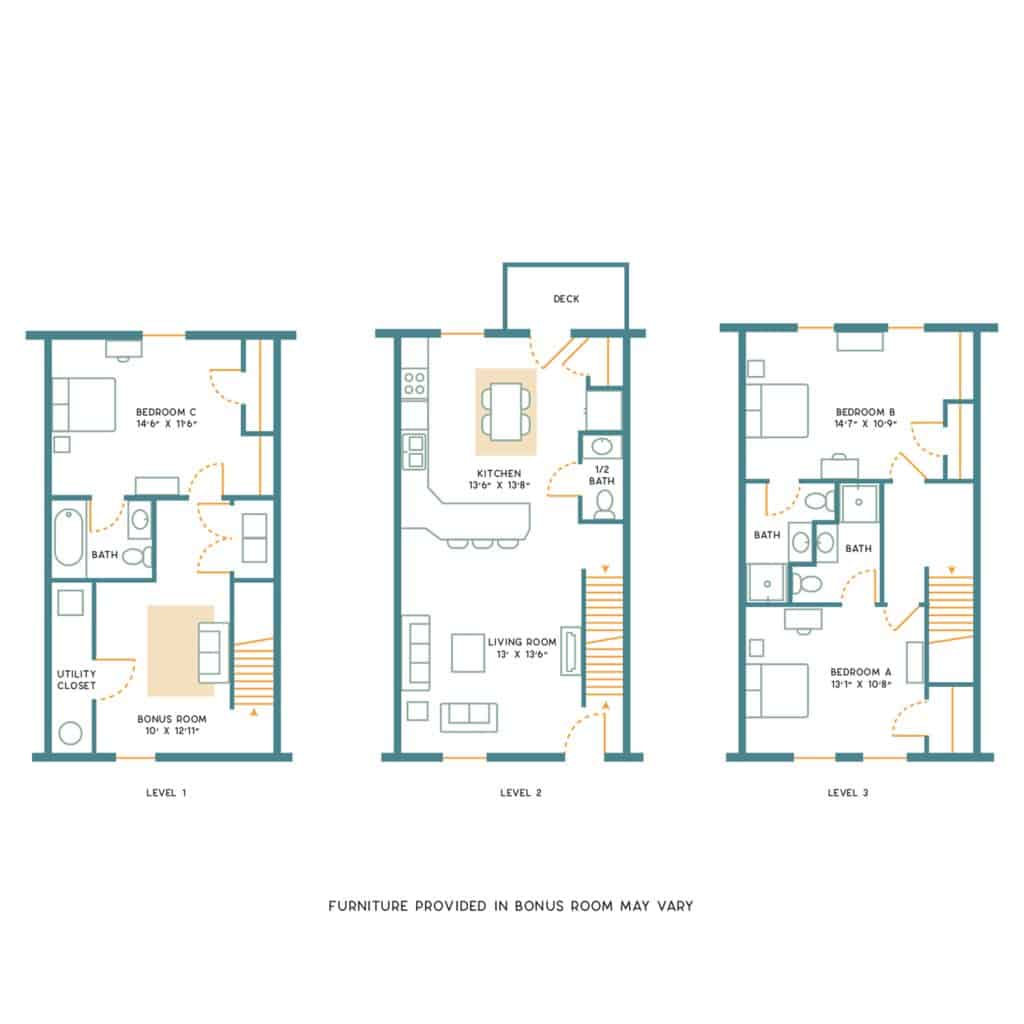 A 3D image of the 3BR/3.5BR – Unfurnished – C floorplan, a 1700 squarefoot, 3 bed / 3.5 bath unit